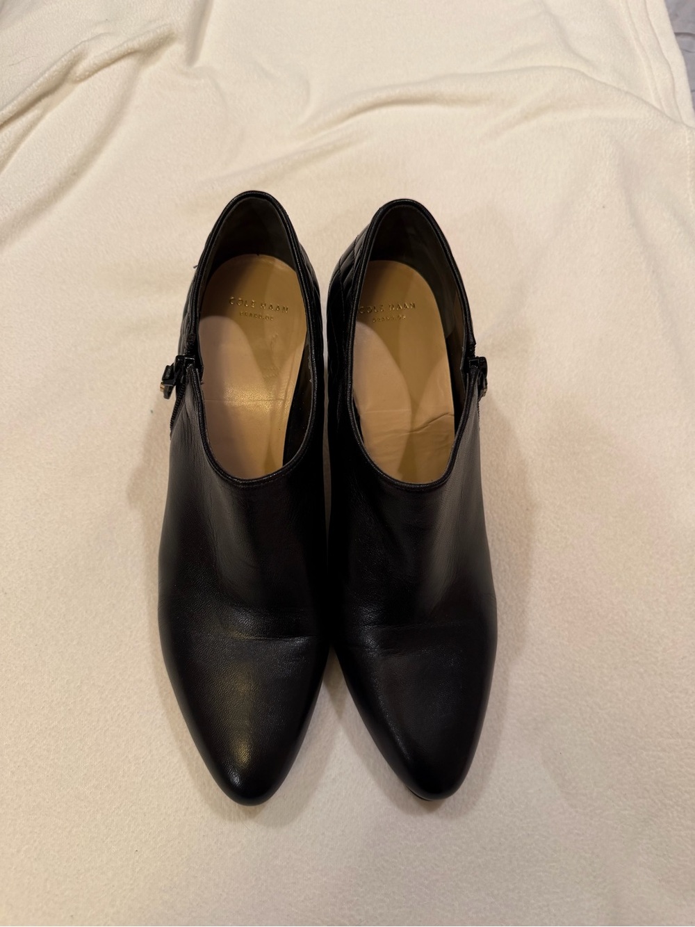 Cole Haan Black Leather Pointed Ankle Booties with Buckle
